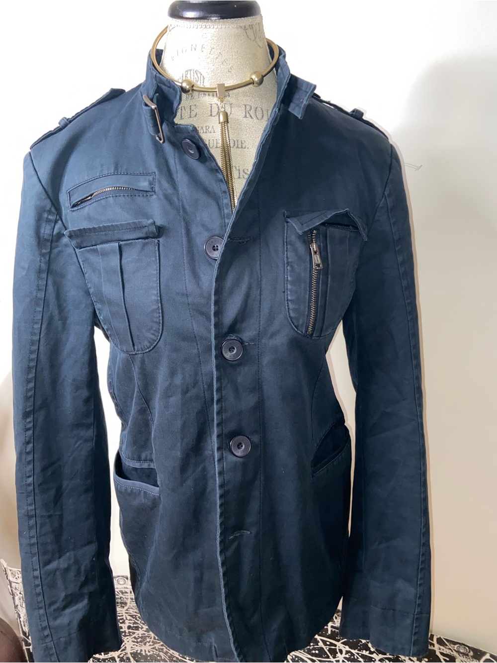 Men's Navy Military-Style Field Jacket with Zip Pocket
